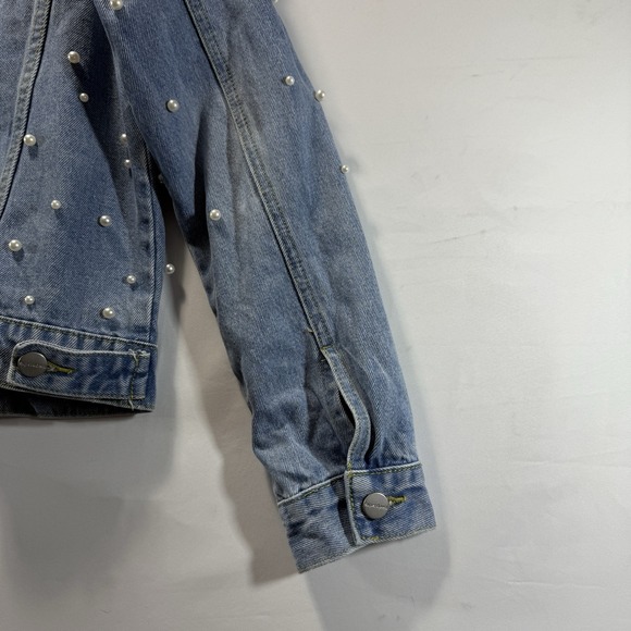 Denim Jacket Pearl Accent Superdown Trucker Cowboy Light Wash Womens XXS - Picture 10 of 13